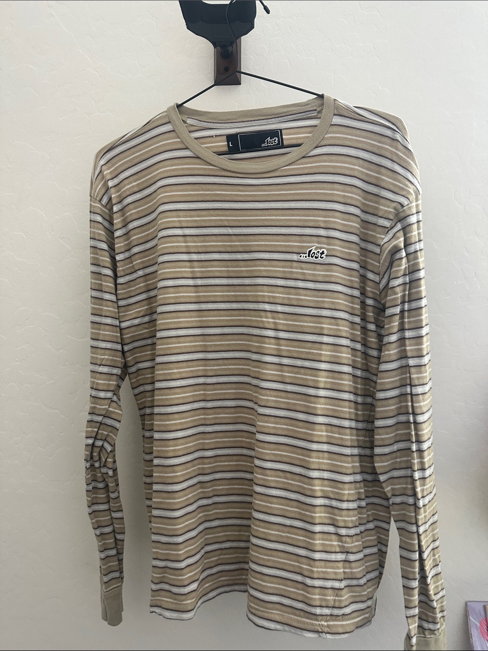 Y2K Skater Lost Men's Long Sleeve Striped Crewneck Shirt - Tan & Olive